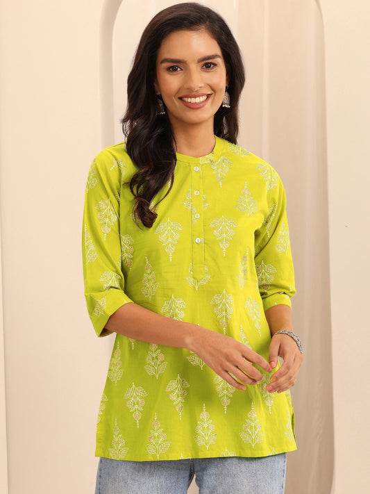 Mustard Printed Cotton Straight Short Kurti