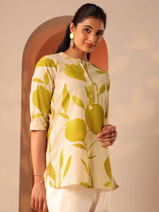 Off White Printed Cotton Straight Short Kurti