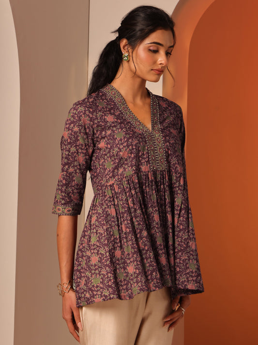 Burgundy Printed Cotton Anarkali Short Kurti