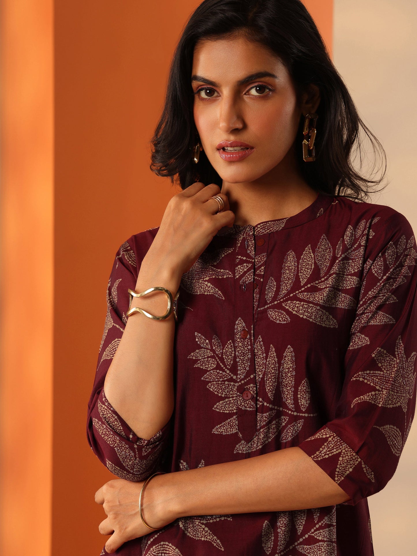 Maroon Printed Silk Blend Straight Short Kurti