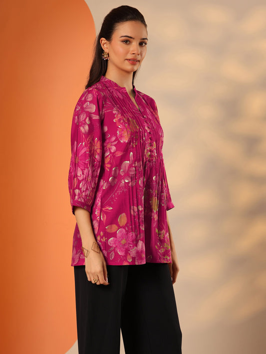 Pink Printed Silk Blend A-Line Short Kurti