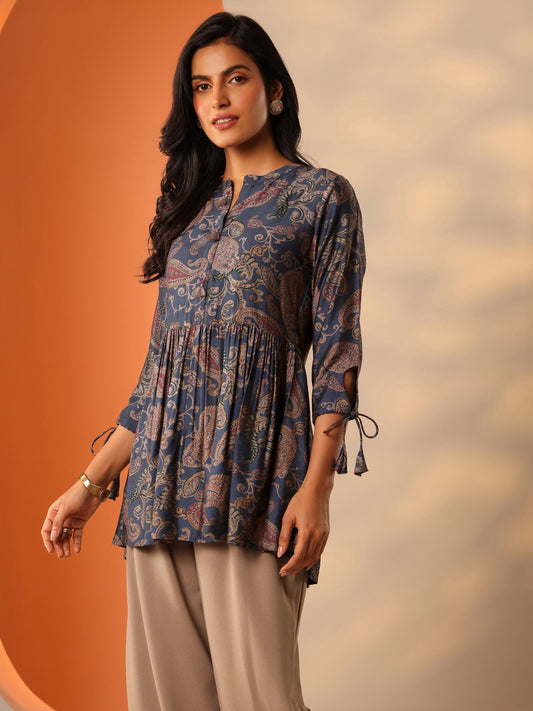Blue Printed Rayon Straight Short Kurti