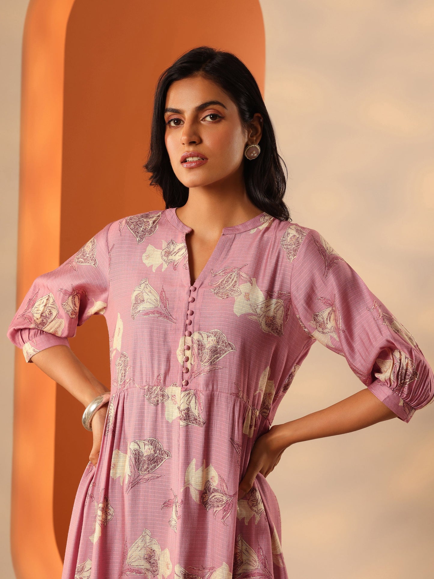 Pink Printed Silk Blend Fit And Flare One Piece Dress