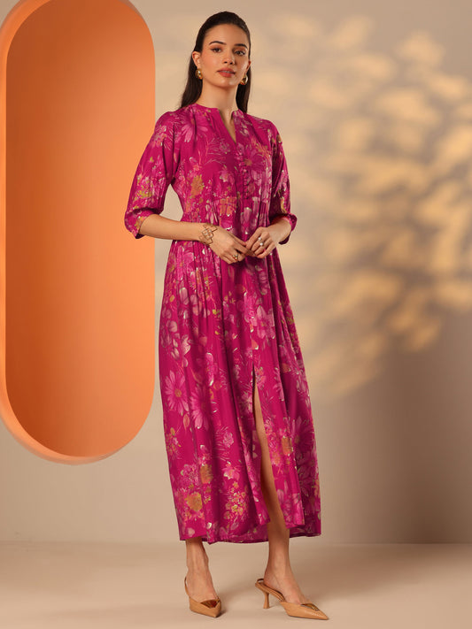 Pink Printed Silk Blend Fit And Flare One Piece Dress