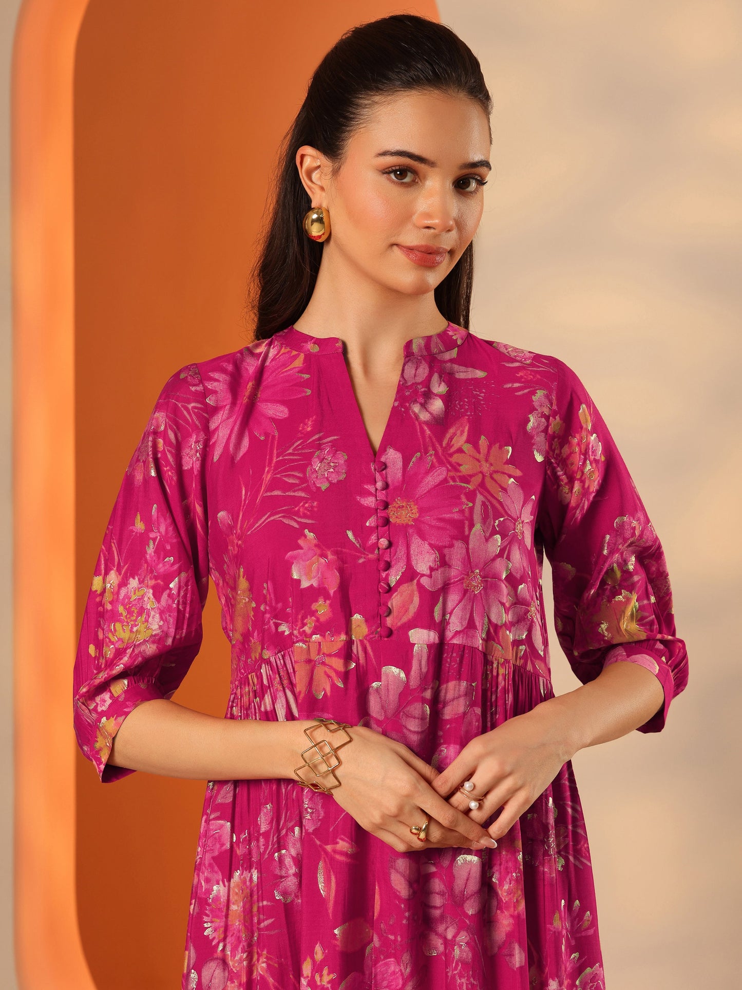 Pink Printed Silk Blend Fit And Flare One Piece Dress