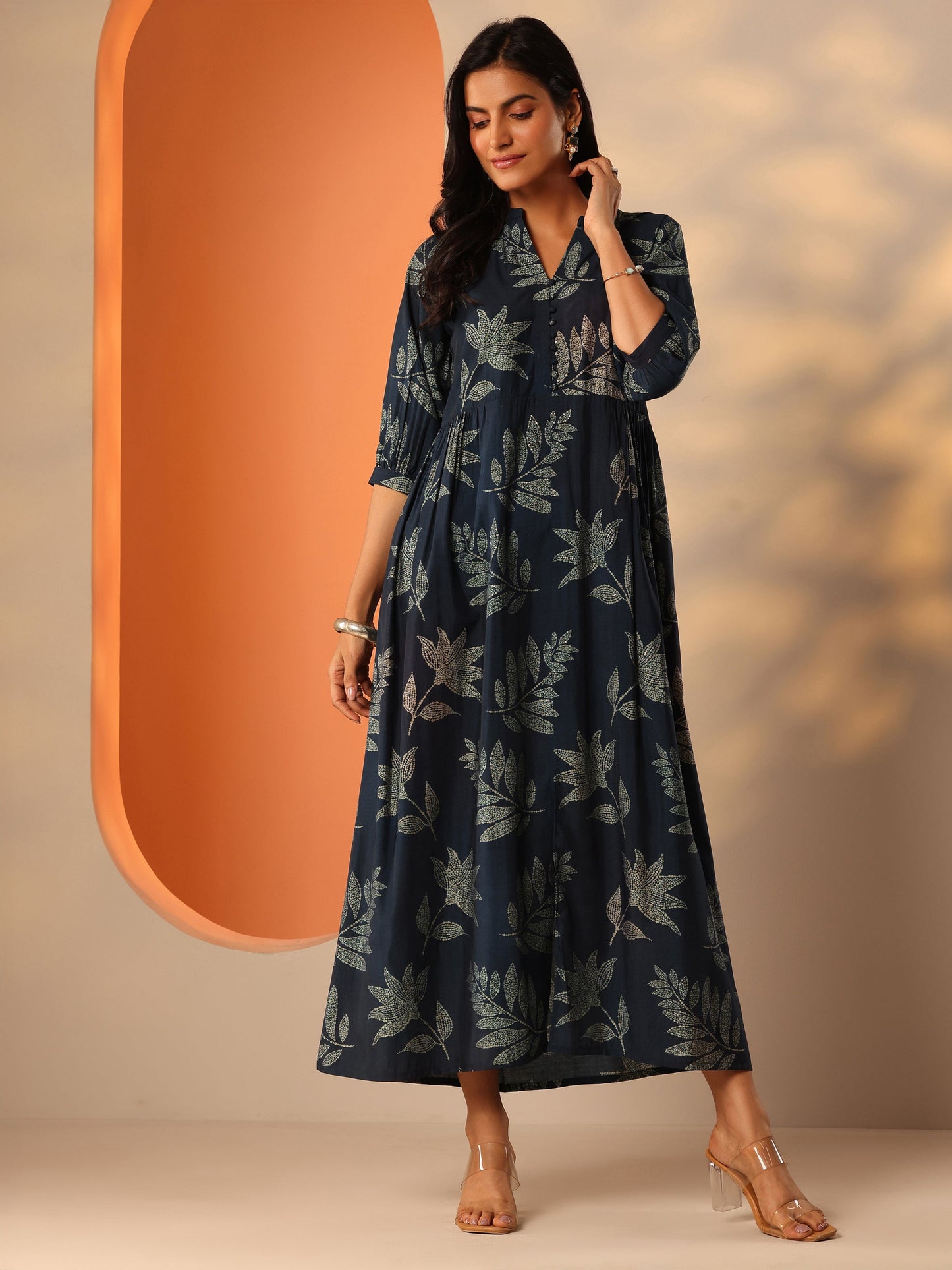 Blue Printed Silk Blend Fit And Flare One Piece Dress