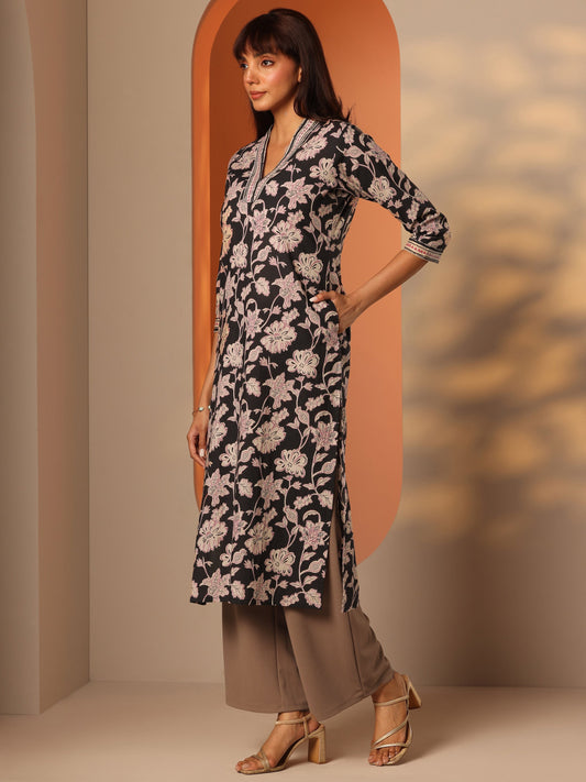 Black Printed Cotton Straight Kurta