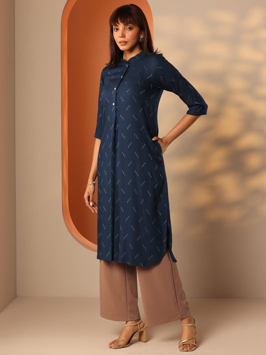 Blue Self Design Rayon Straight Kurta