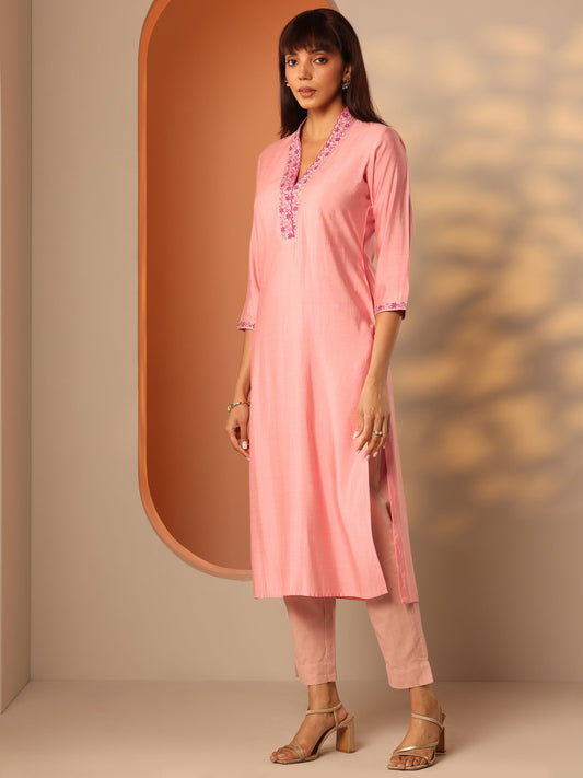 Peach Embroidered Silk Blend Straight Kurta