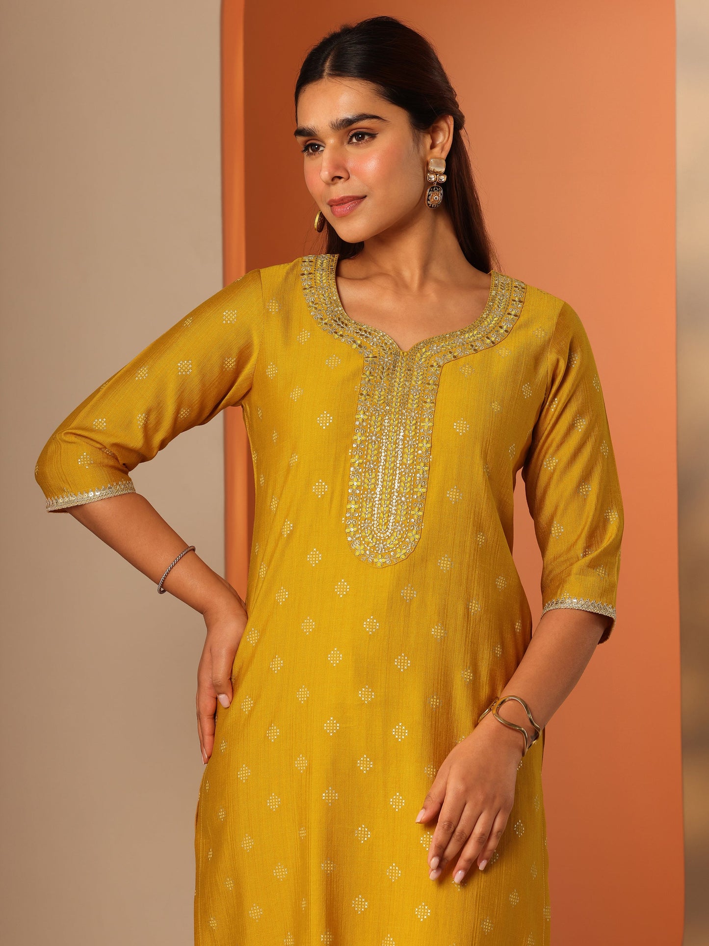 Yellow Woven Design Silk Blend Straight Kurta