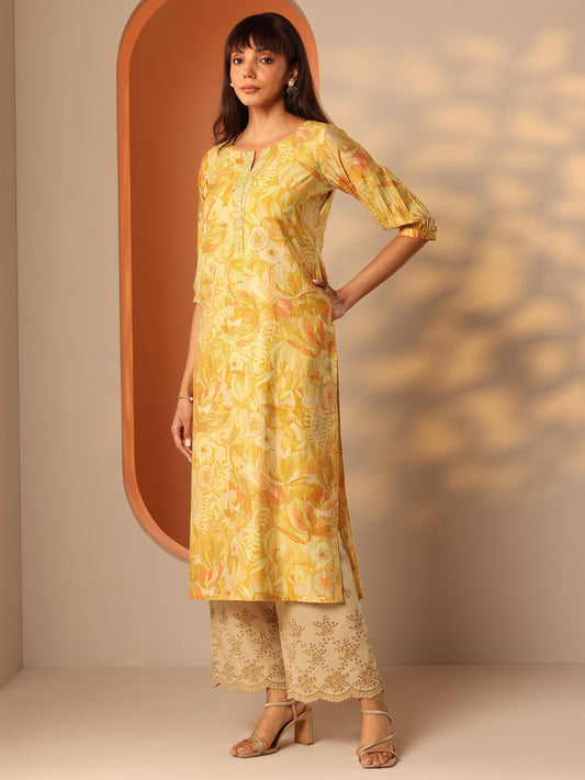 Mustard Printed Silk Blend Straight Kurta