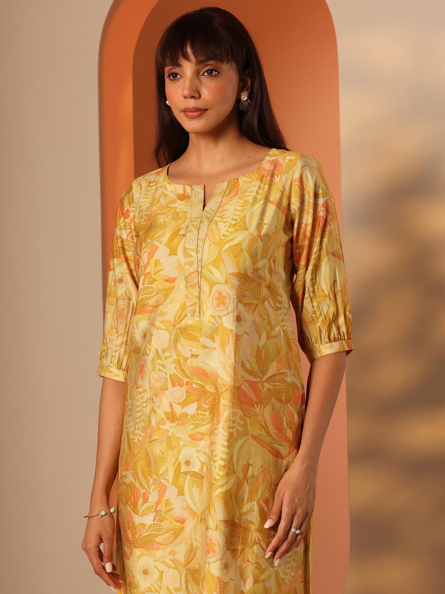 Mustard Printed Silk Blend Straight Kurta