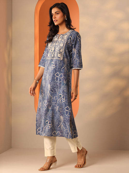 Blue Printed Silk Blend Straight Kurta