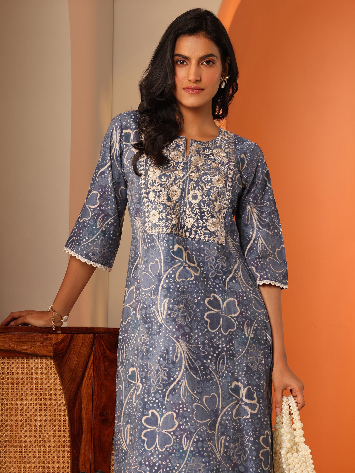 Blue Printed Silk Blend Straight Kurta