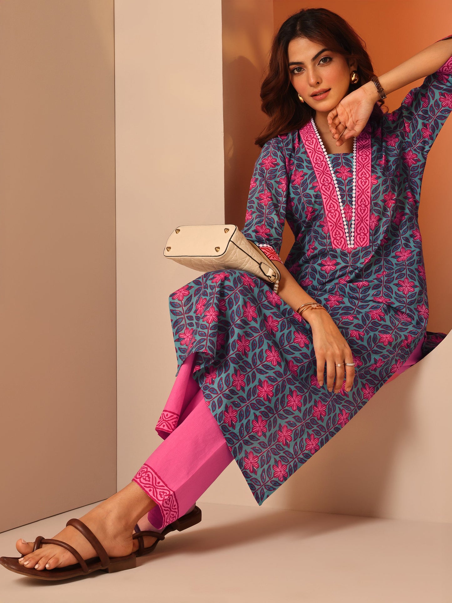 Blue Printed Cotton Straight Kurta