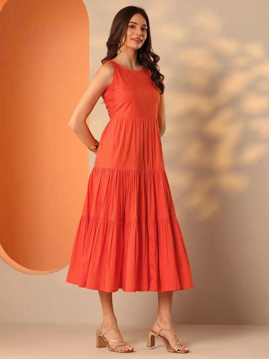 Orange Solid Cotton Tiered Fit And Flare One Piece Dress