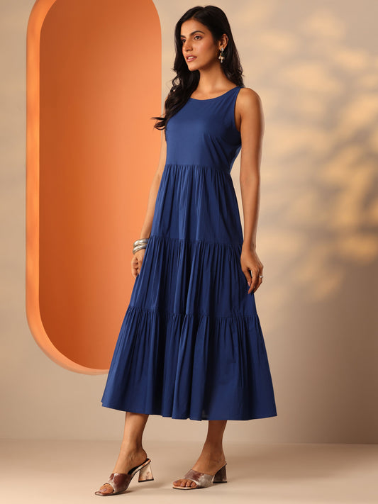 Blue Solid Cotton Tiered Fit And Flare One Piece Dress