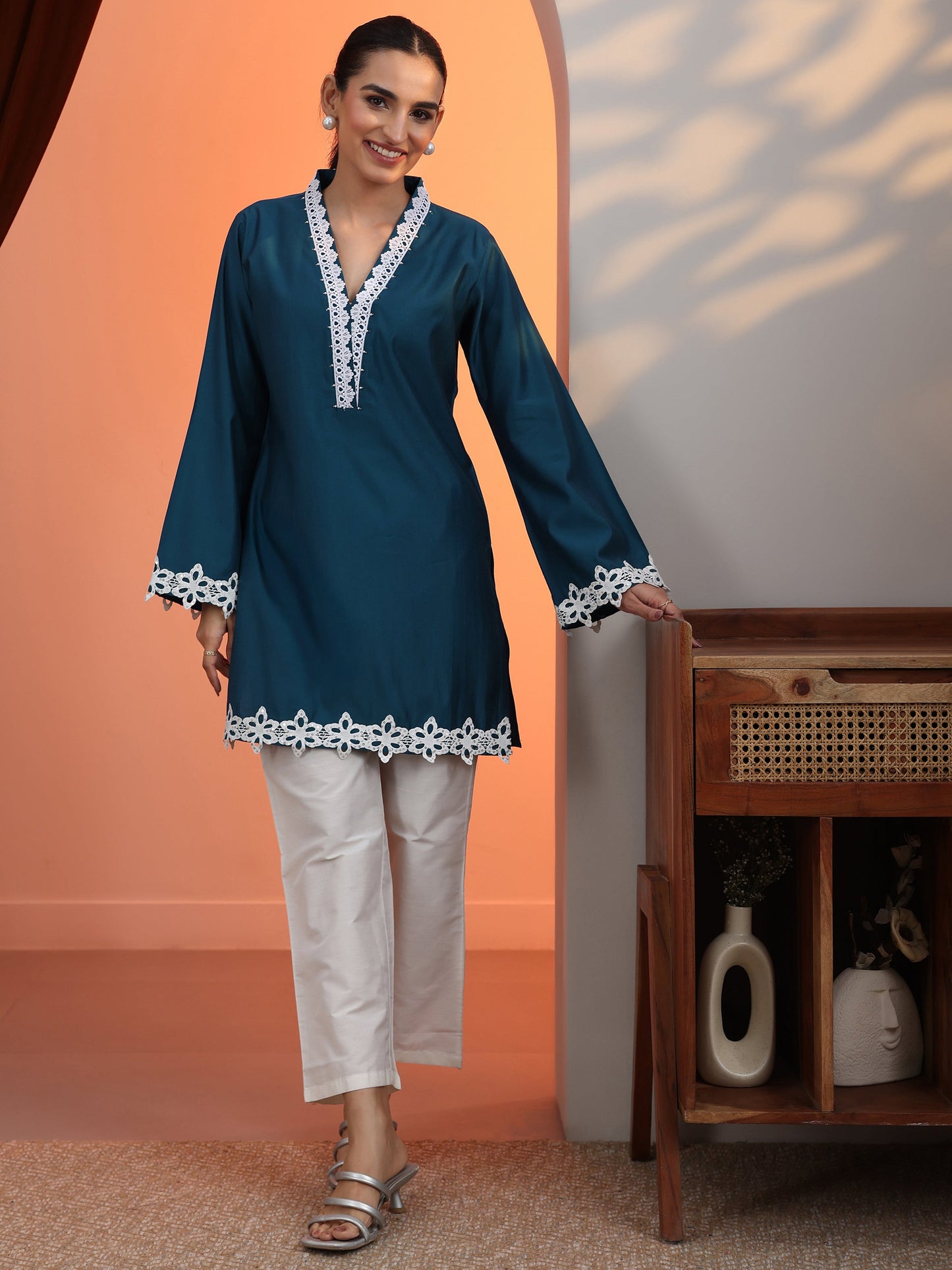 Blue Solid Silk Blend Straight Short Kurti