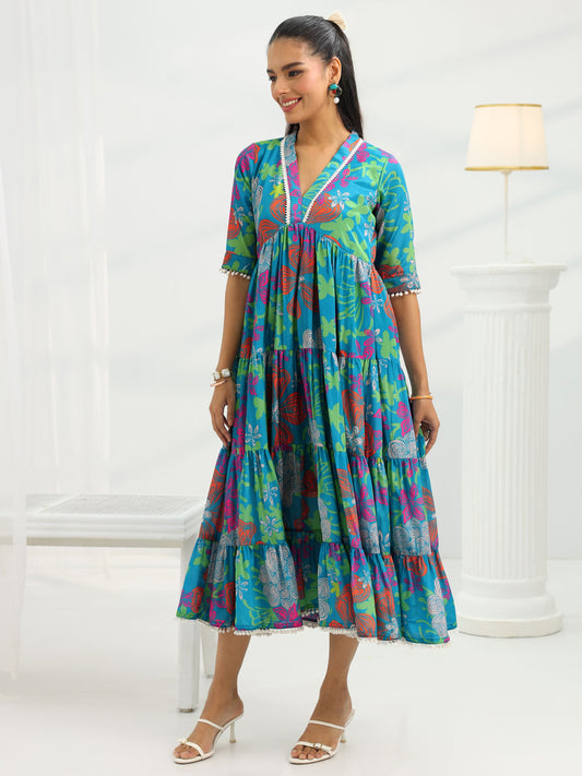 Blue Printed Silk Blend Fit And Flare One Piece Dress