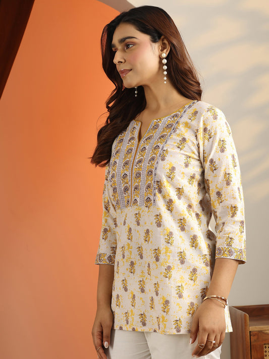 Off White Printed Cotton Straight Short Kurti