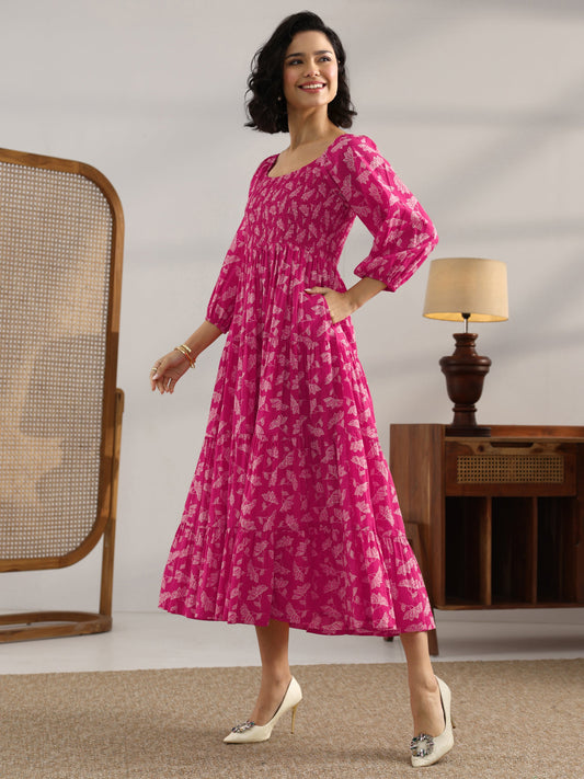 Pink Printed Cotton Fit And Flare One Piece Dress