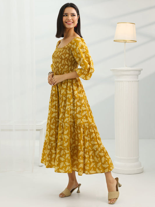 Mustard Printed Cotton Fit And Flare One Piece Dress
