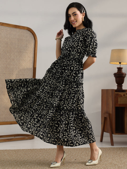 Black Printed Cotton Fit And Flare One Piece Dress