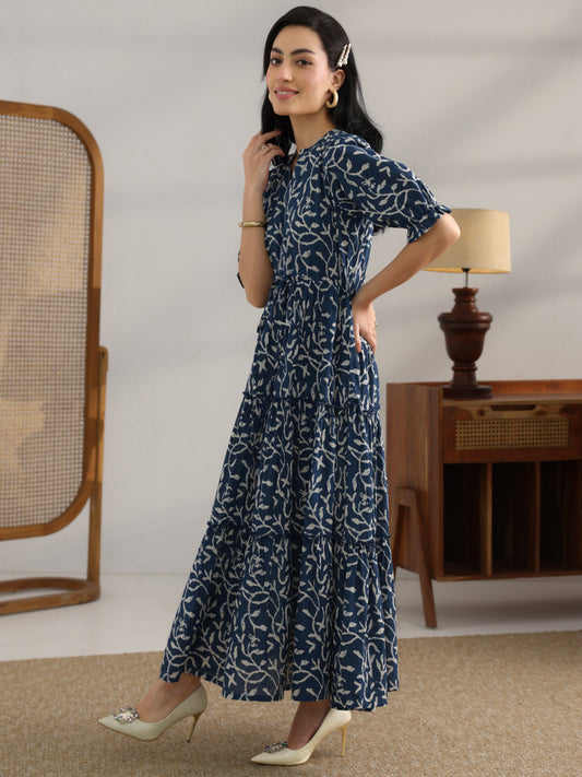 Blue Printed Cotton Fit And Flare One Piece Dress