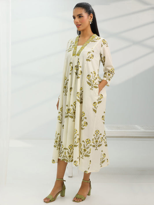 Off White Printed Cotton A-Line One Piece Dress