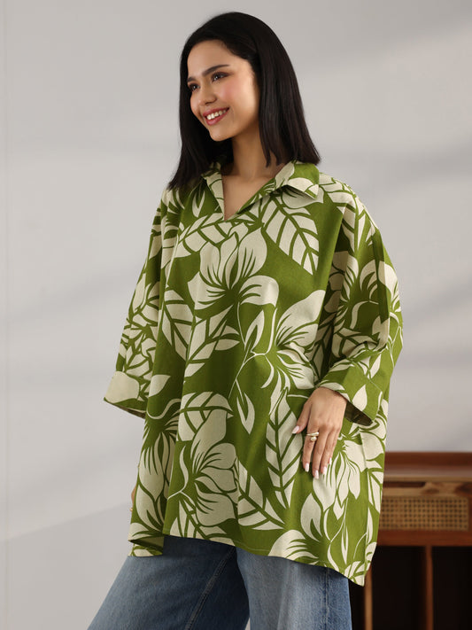 Green Printed Cotton Straight Short Kurti