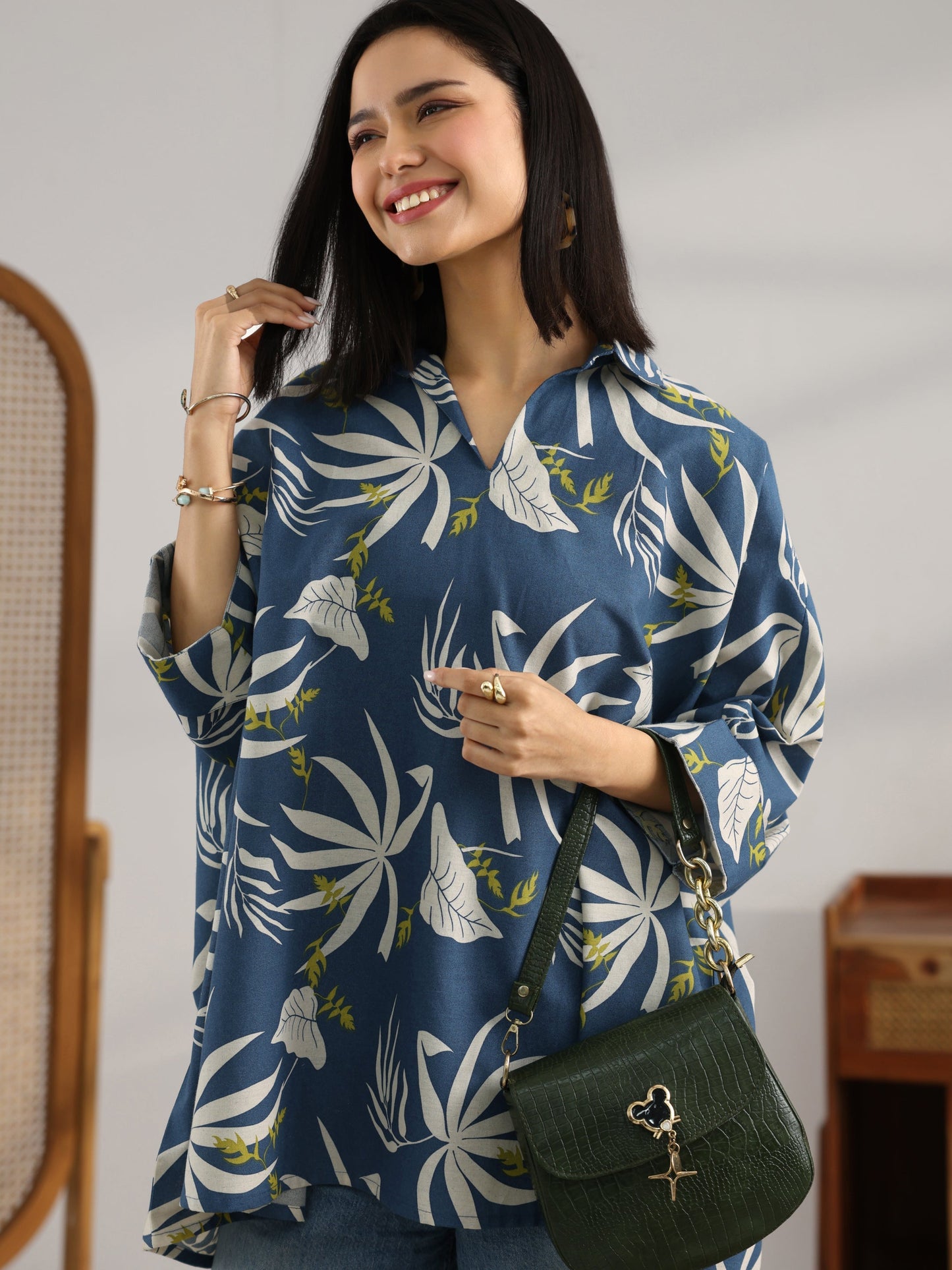 Blue Printed Cotton Straight Short Kurti