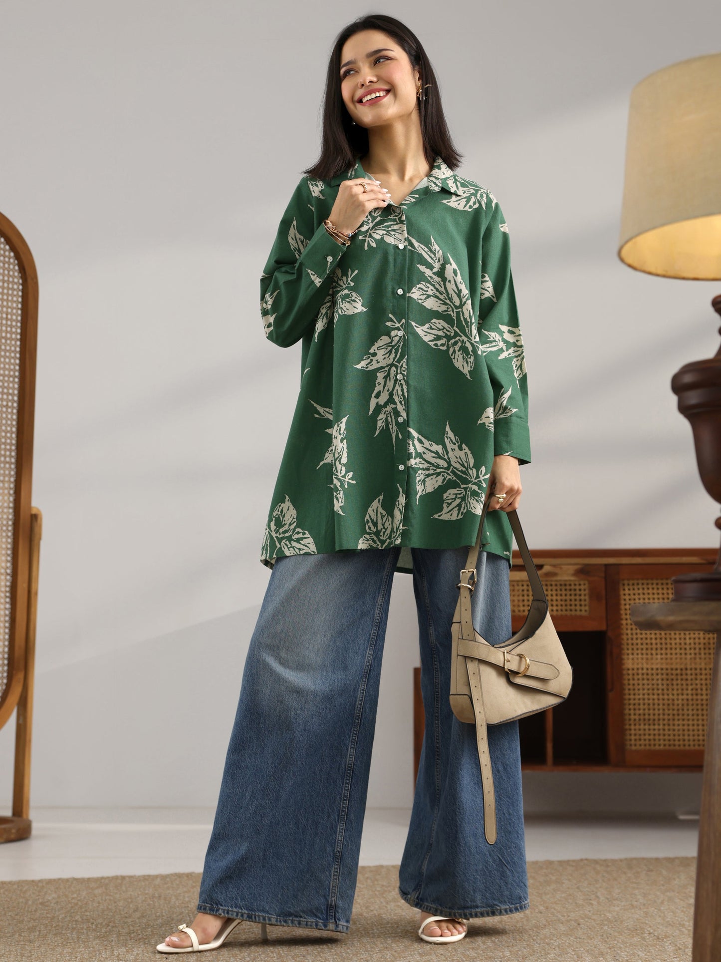 Green Printed Cotton A-Line Shorti Kurti