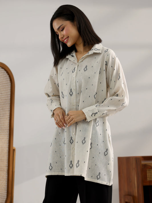 Off White Woven Design Cotton Blend Straight Short Kurti