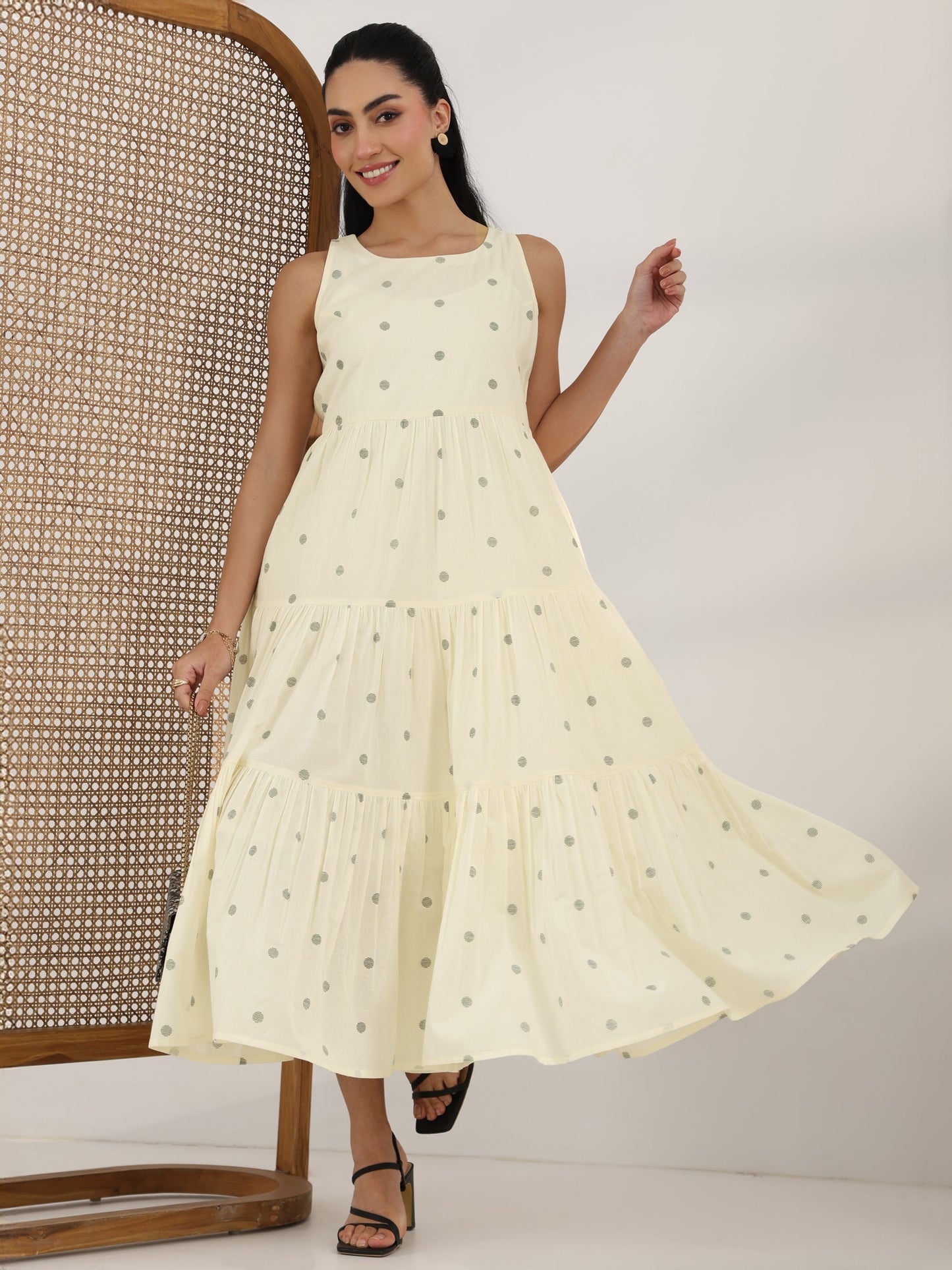 Off White Printed Cotton Tiered Fit And Flare One Piece Dress