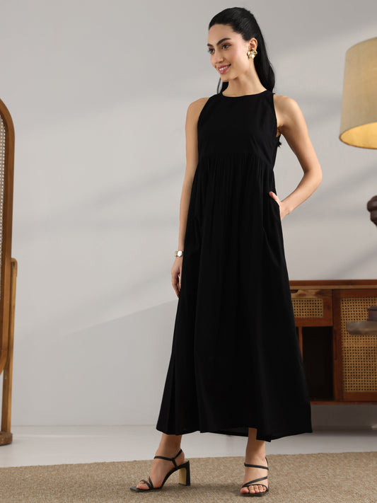 Black Solid Cotton Fit And Flare One Piece Dress