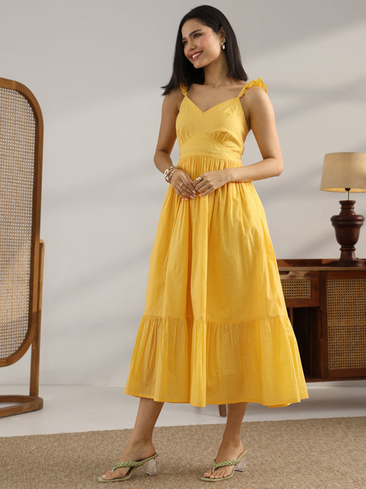 Yellow Solid Cotton One Piece Dress Fit And Flare