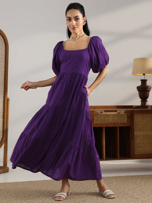 Purple Solid Cotton Fit And Flare One Piece Dress