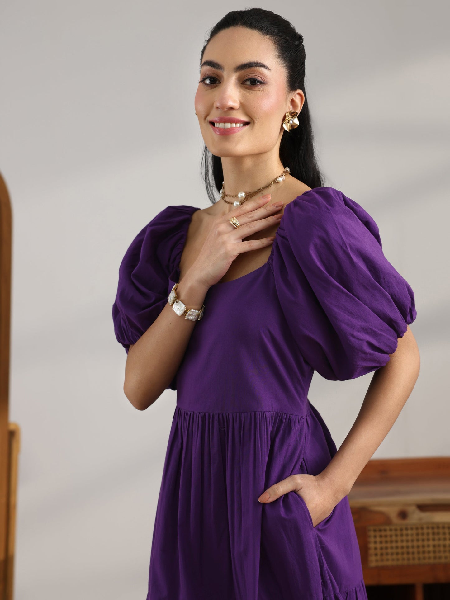Purple Solid Cotton Fit And Flare One Piece Dress