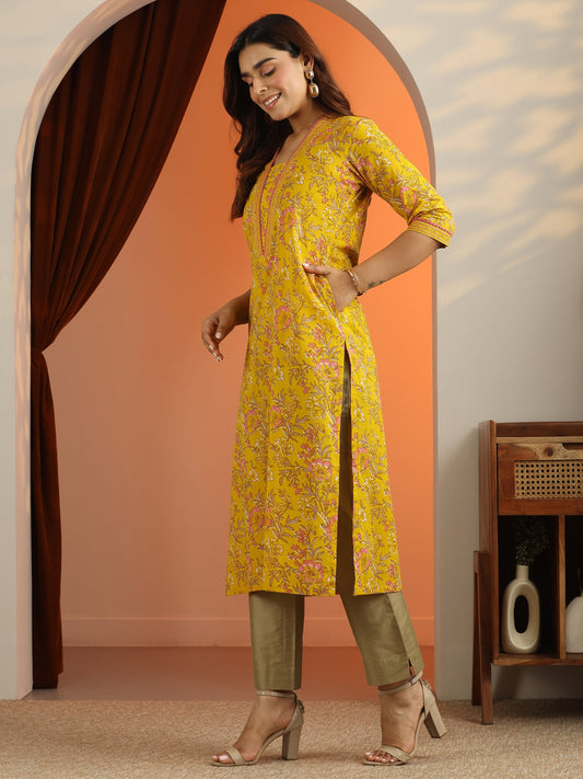 Green Printed Cotton Straight Kurta