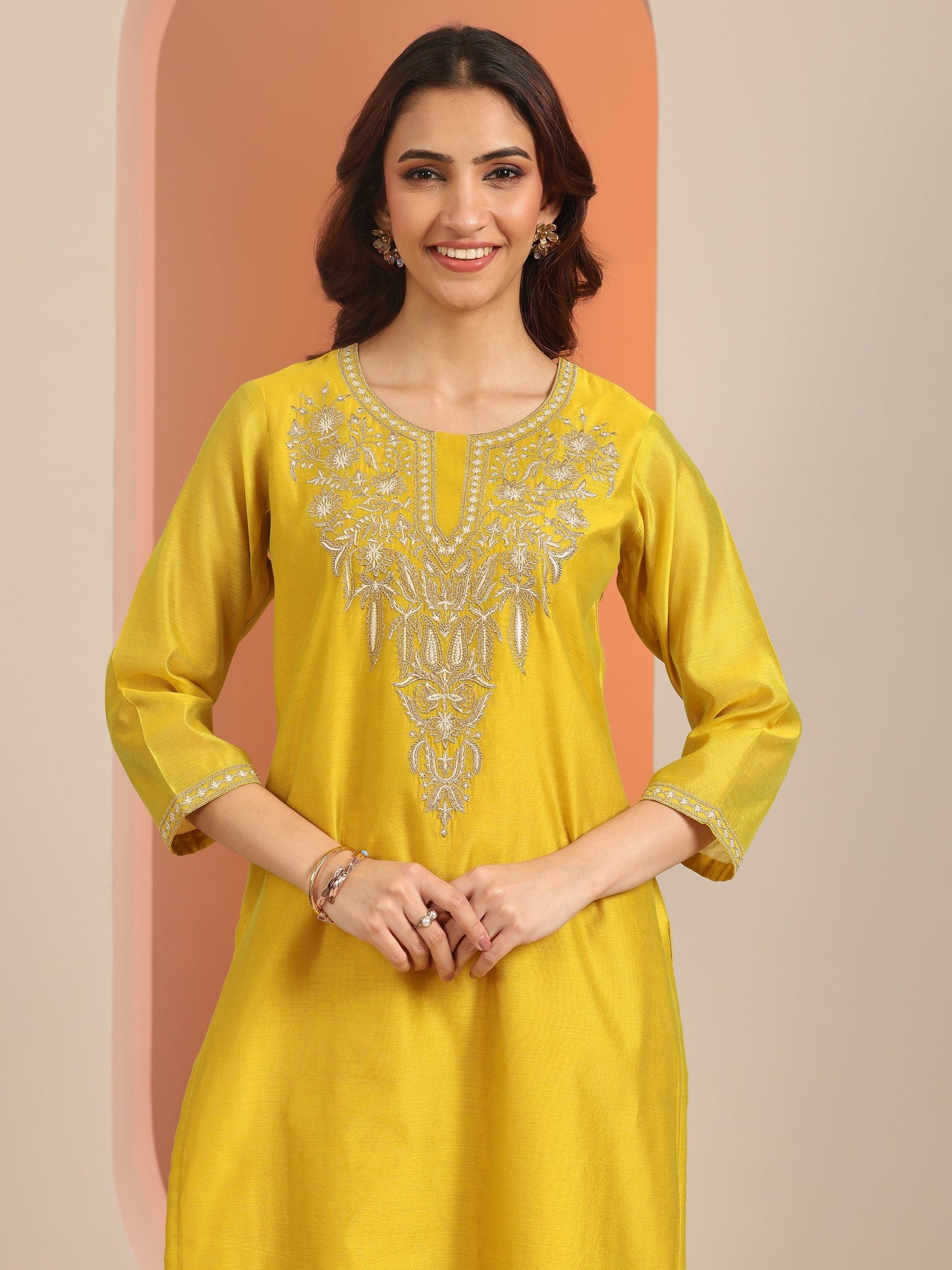 Mustard Embroidered Silk Blend Straight Kurta