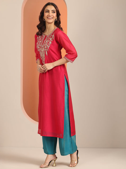 Pink Embroidered Silk Blend Straight Kurta
