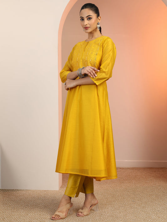 Yellow Embroidered Silk Blend A-Line Kurta