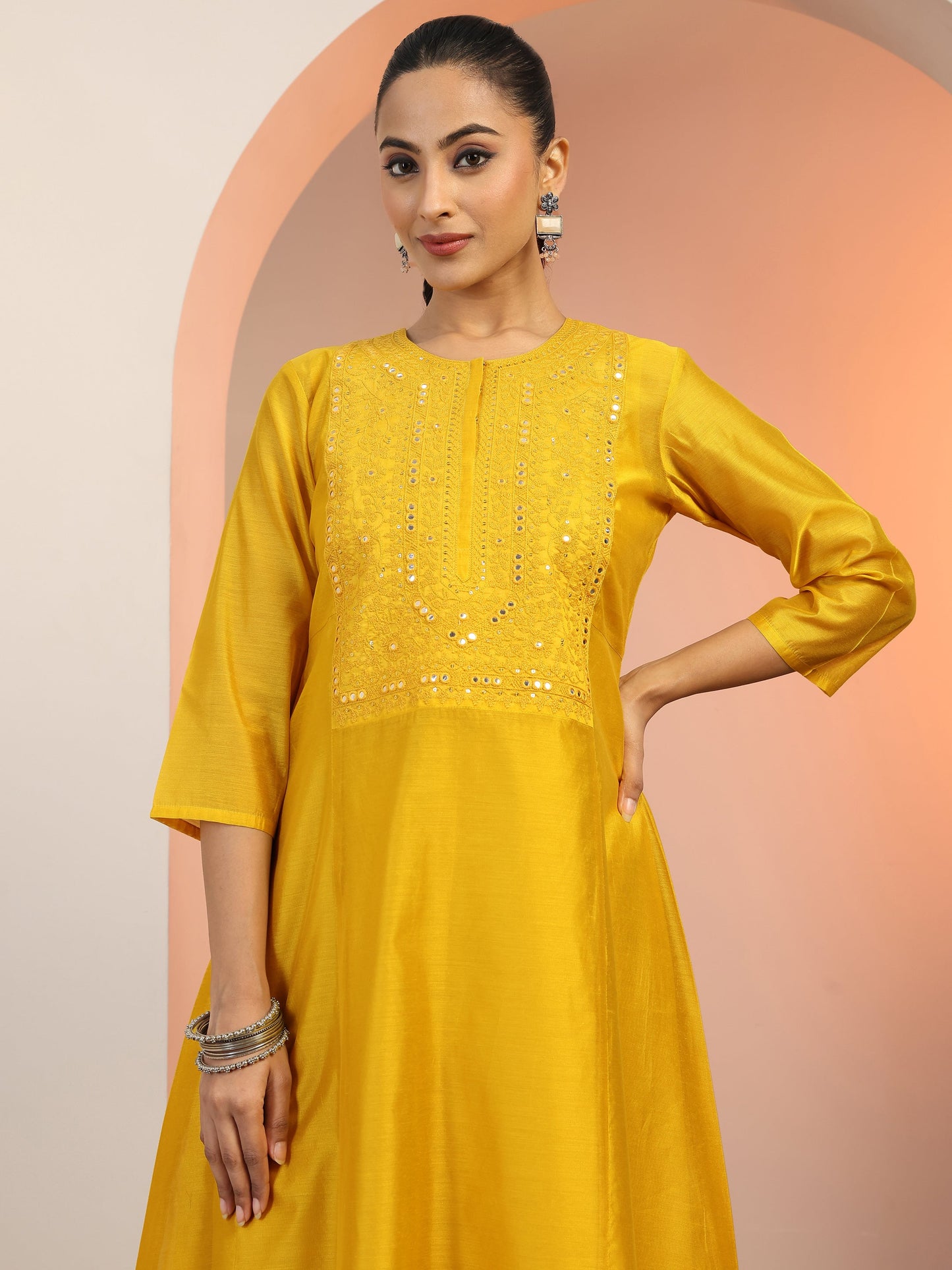 Yellow Embroidered Silk Blend A-Line Kurta
