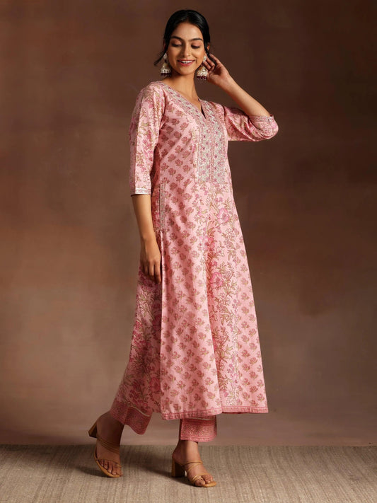 Mariyam Pink Printed Cotton A-Line Kurta With Palazzos & Dupatta