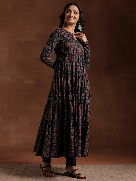Blue Printed Cotton Anarkali Suit With Dupatta