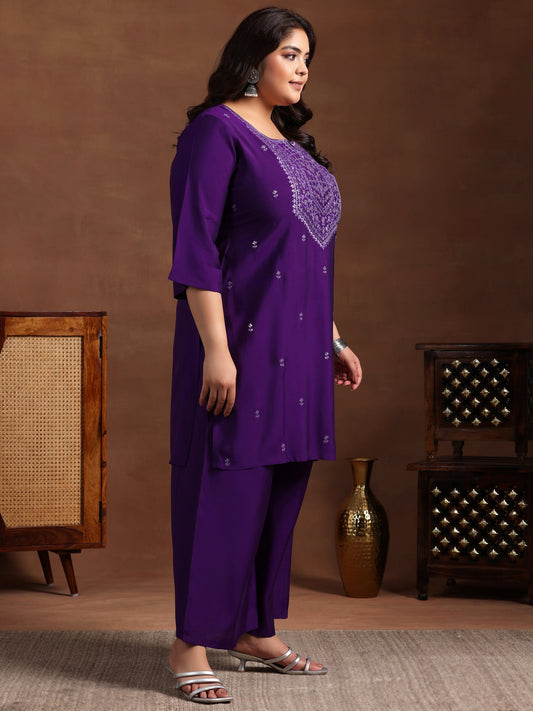 Plus Size Purple Yoke Design Silk Blend Straight Kurta Set