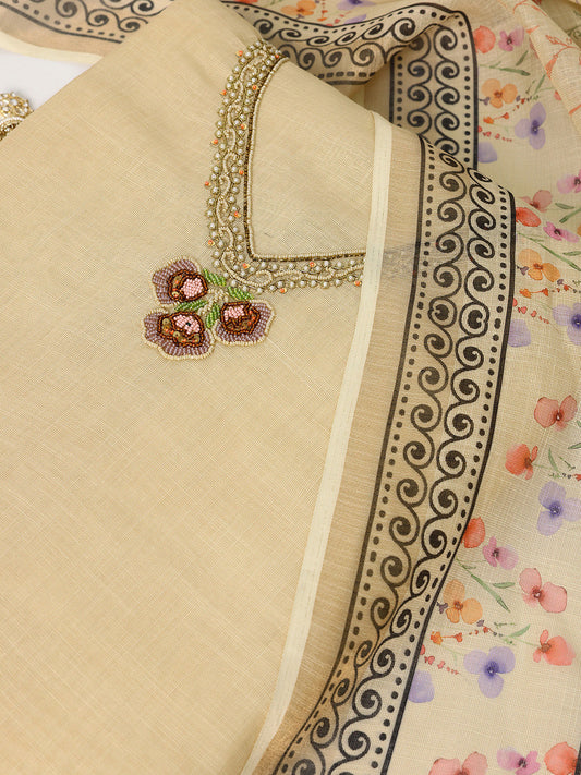 Beige Printed Cotton Blend Dress Material With Dupatta
