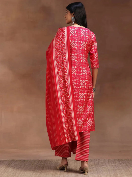 Pink Printed Silk Blend Straight Suit With Dupatta