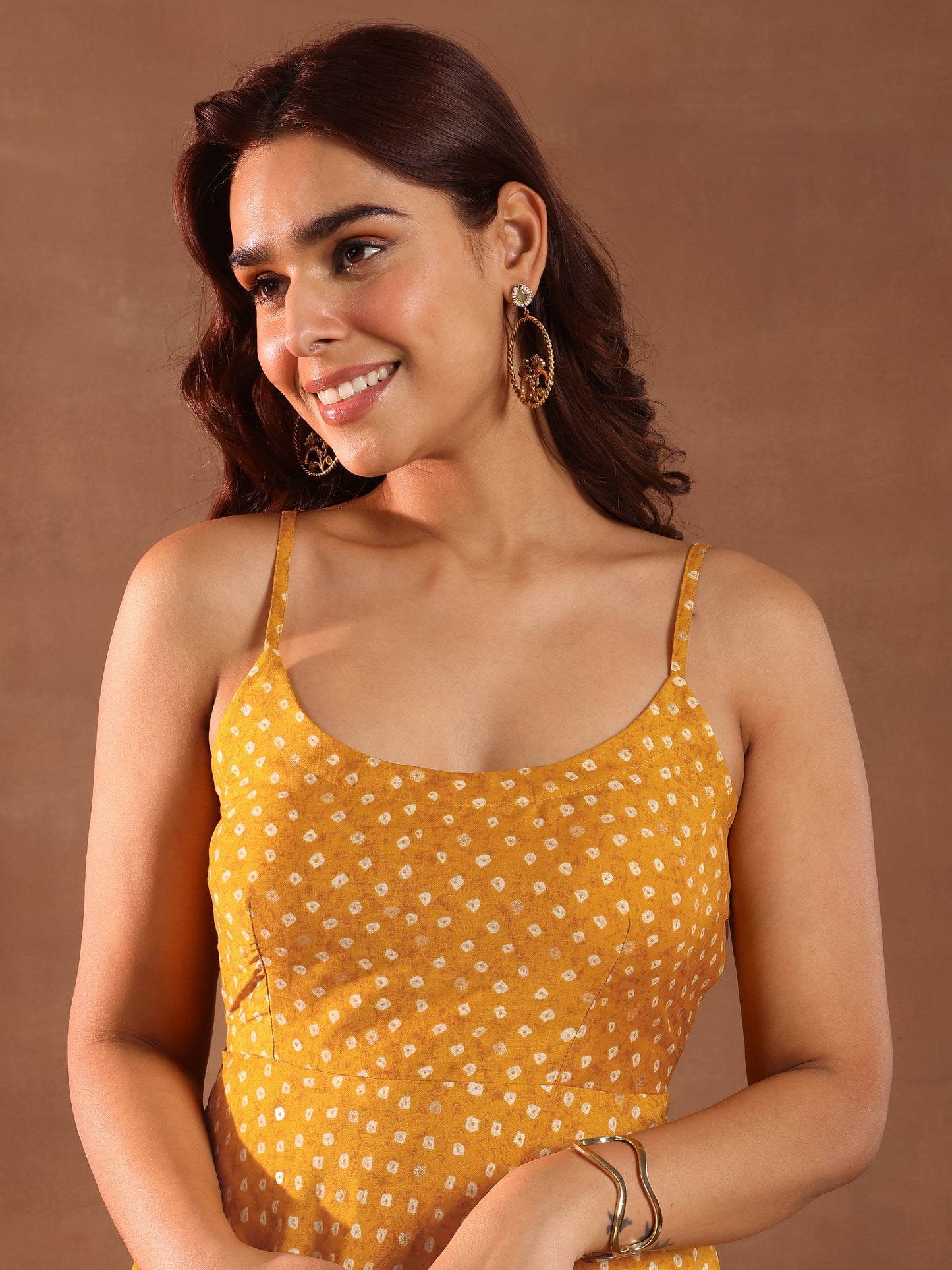 Mustard Printed Rayon Anarkali Suit With Dupatta