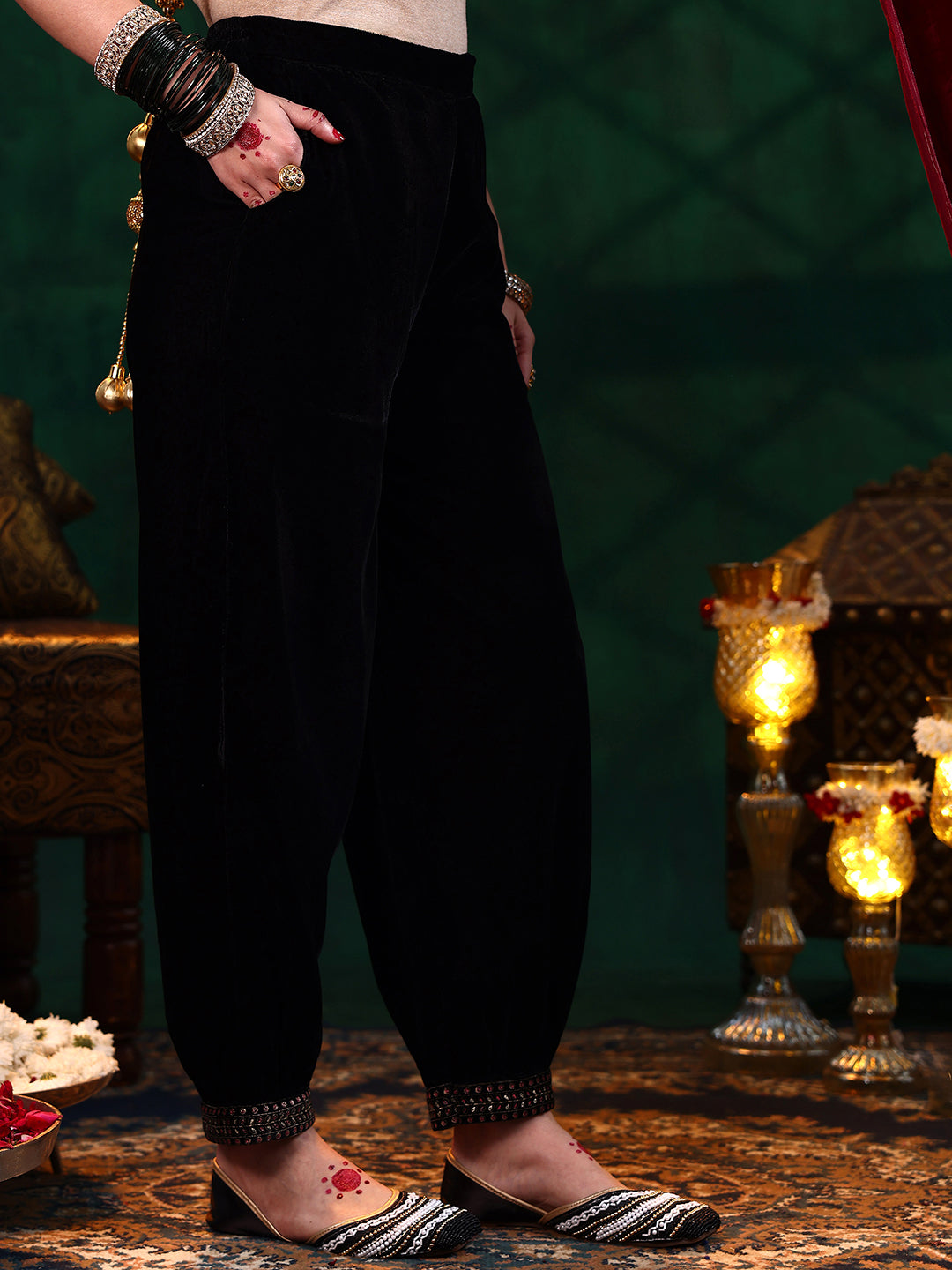 Black Embroidered Velvet Straight Suit With Dupatta